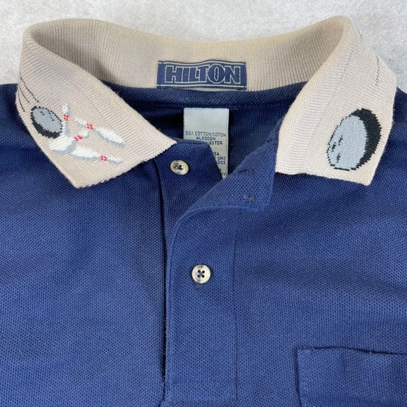 Vintage HILTON Mens L Novelty Embroidered Bowling Short Sleeve Polo Shirt - Picture 10 of 10